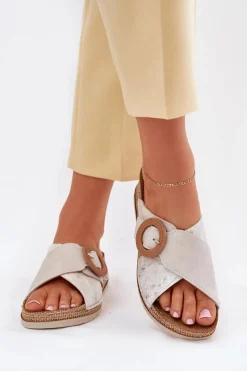 Best Klapki Damskie Na Koturnie Z Ozdobną Klamrą RV000012 Jasnobeżowe Damskie Klapki Na Koturnie|Klapki Na Obcasie