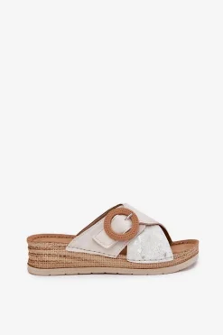 Best Klapki Damskie Na Koturnie Z Ozdobną Klamrą RV000012 Jasnobeżowe Damskie Klapki Na Koturnie|Klapki Na Obcasie