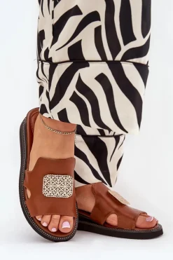 Best Boto Klapki Damskie Na Koturnie Eko Skórzane Z Ozdobą Brązowe Sarela Brązowy