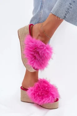 Klapki Na Koturnie|Klapki Z Futerkiem>Boto Klapki Damskie Na Koturnie Z Futerkiem I Plecionką Fuksja Virela