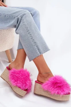 Klapki Na Koturnie|Klapki Z Futerkiem></noscript>Boto Klapki Damskie Na Koturnie Z Futerkiem I Plecionką Fuksja Virela