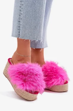 Klapki Na Koturnie|Klapki Z Futerkiem></noscript>Boto Klapki Damskie Na Koturnie Z Futerkiem I Plecionką Fuksja Virela