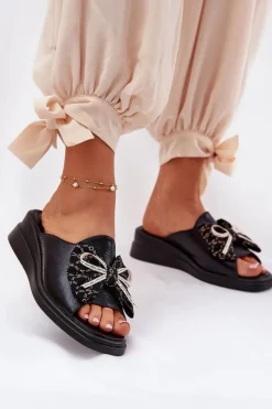 Klapki Na Koturnie|Klapki Na Platformie>Boto Klapki Damskie Na Koturnie Z Kokardą Czarne Moonzella Czarny