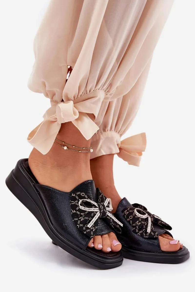 Klapki Na Koturnie|Klapki Na Platformie>Boto Klapki Damskie Na Koturnie Z Kokardą Czarne Moonzella Czarny