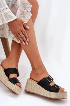 Klapki Na Koturnie|Klapki Na Platformie>Boto Klapki Damskie Na Koturnie Z Plecionką I Klamrami Czarne Pasinea