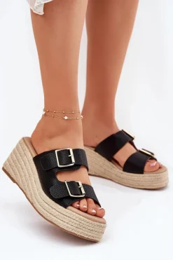 Klapki Na Koturnie|Klapki Na Platformie>Boto Klapki Damskie Na Koturnie Z Plecionką I Klamrami Czarne Pasinea