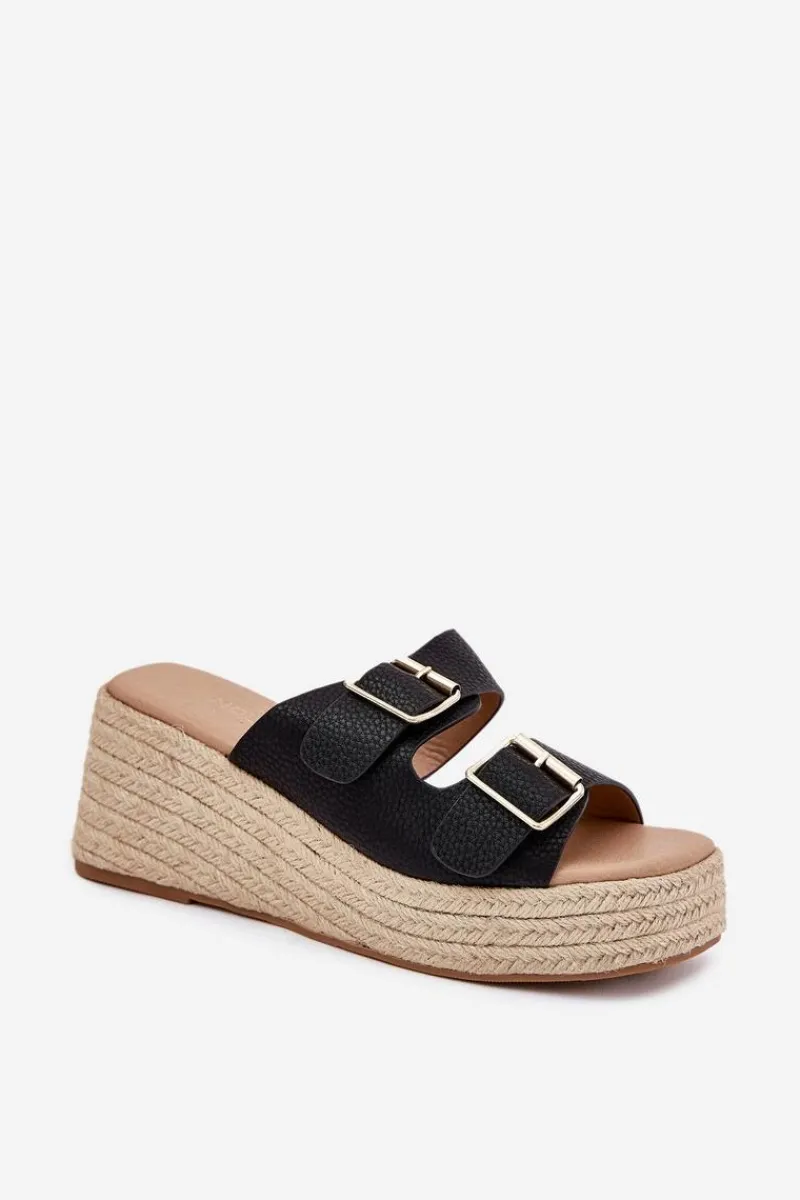 Klapki Na Koturnie|Klapki Na Platformie>Boto Klapki Damskie Na Koturnie Z Plecionką I Klamrami Czarne Pasinea