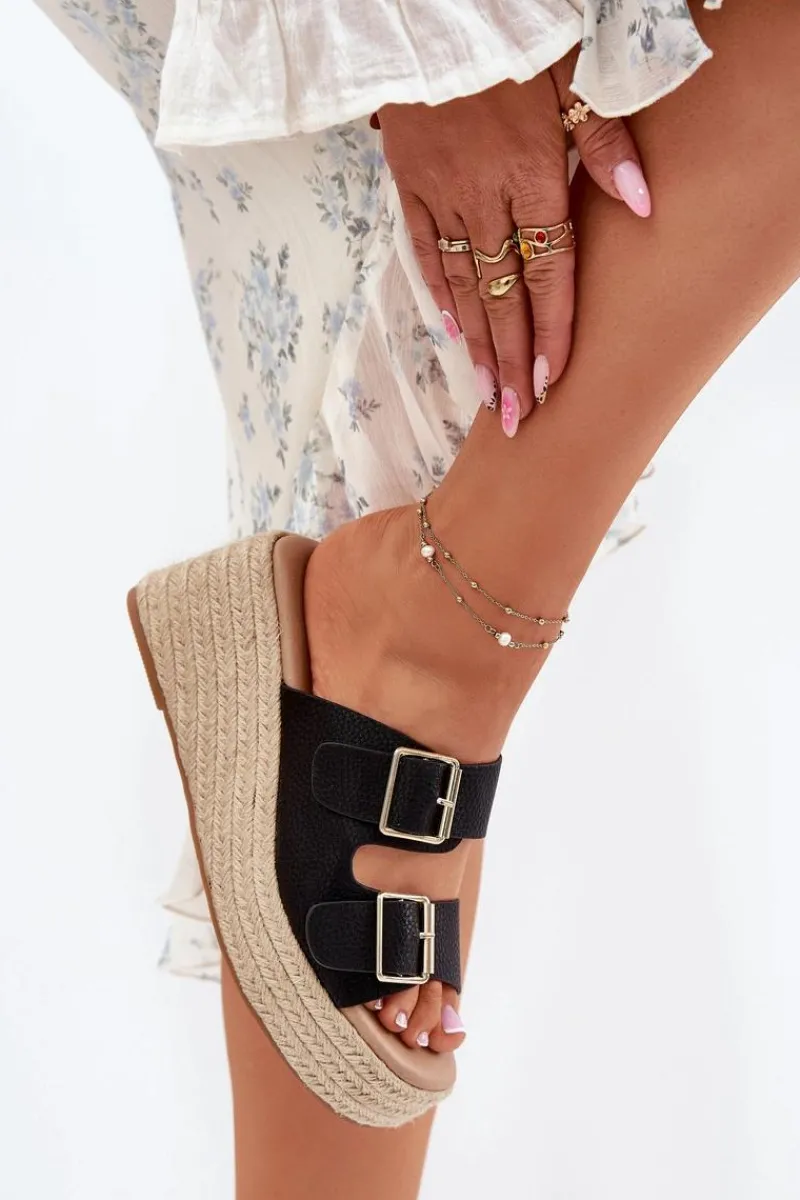 Klapki Na Koturnie|Klapki Na Platformie>Boto Klapki Damskie Na Koturnie Z Plecionką I Klamrami Czarne Pasinea