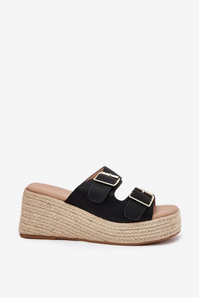 Klapki Na Koturnie|Klapki Na Platformie>Boto Klapki Damskie Na Koturnie Z Plecionką I Klamrami Czarne Pasinea