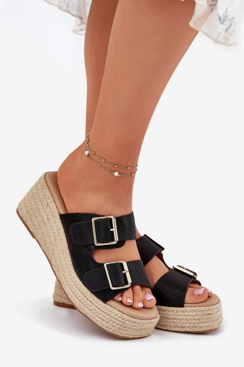 Klapki Na Koturnie|Klapki Na Platformie>Boto Klapki Damskie Na Koturnie Z Plecionką I Klamrami Czarne Pasinea