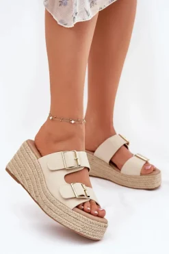 Klapki Na Koturnie|Klapki Na Platformie>Boto Klapki Damskie Na Koturnie Z Plecionką I Klamrami Beżowe Pasinea Beżowy