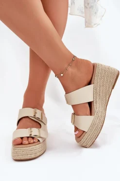 Klapki Na Koturnie|Klapki Na Platformie>Boto Klapki Damskie Na Koturnie Z Plecionką I Klamrami Beżowe Pasinea Beżowy