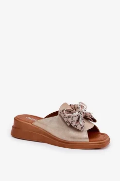 Outlet Klapki Damskie Na Koturnie Z Kokardą Złote Moonzella Damskie Klapki Na Koturnie|Klapki Na Platformie