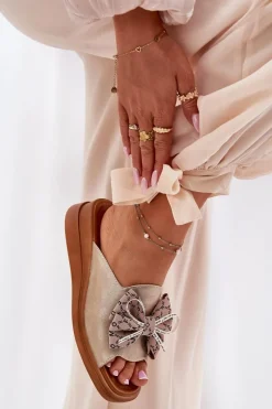 Outlet Klapki Damskie Na Koturnie Z Kokardą Złote Moonzella Damskie Klapki Na Koturnie|Klapki Na Platformie