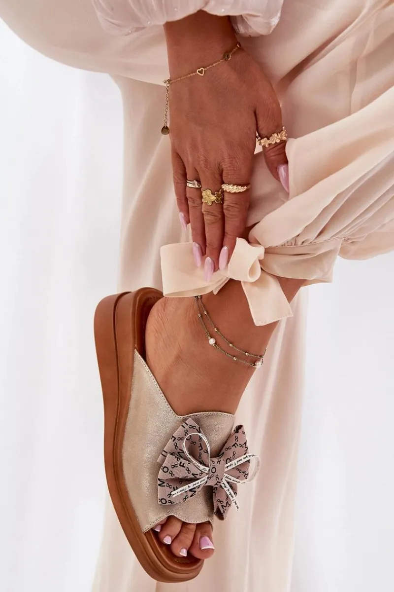 Outlet Klapki Damskie Na Koturnie Z Kokardą Złote Moonzella Damskie Klapki Na Koturnie|Klapki Na Platformie