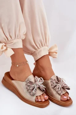 Outlet Klapki Damskie Na Koturnie Z Kokardą Złote Moonzella Damskie Klapki Na Koturnie|Klapki Na Platformie