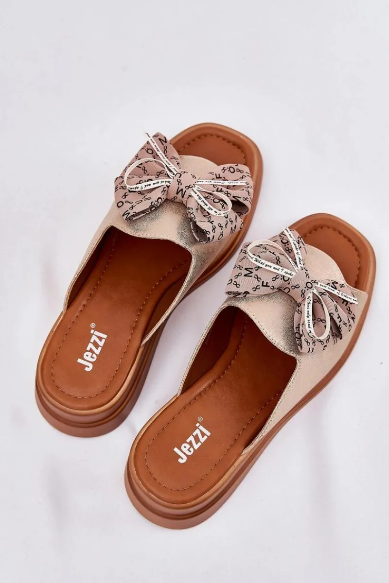 Outlet Klapki Damskie Na Koturnie Z Kokardą Złote Moonzella Damskie Klapki Na Koturnie|Klapki Na Platformie