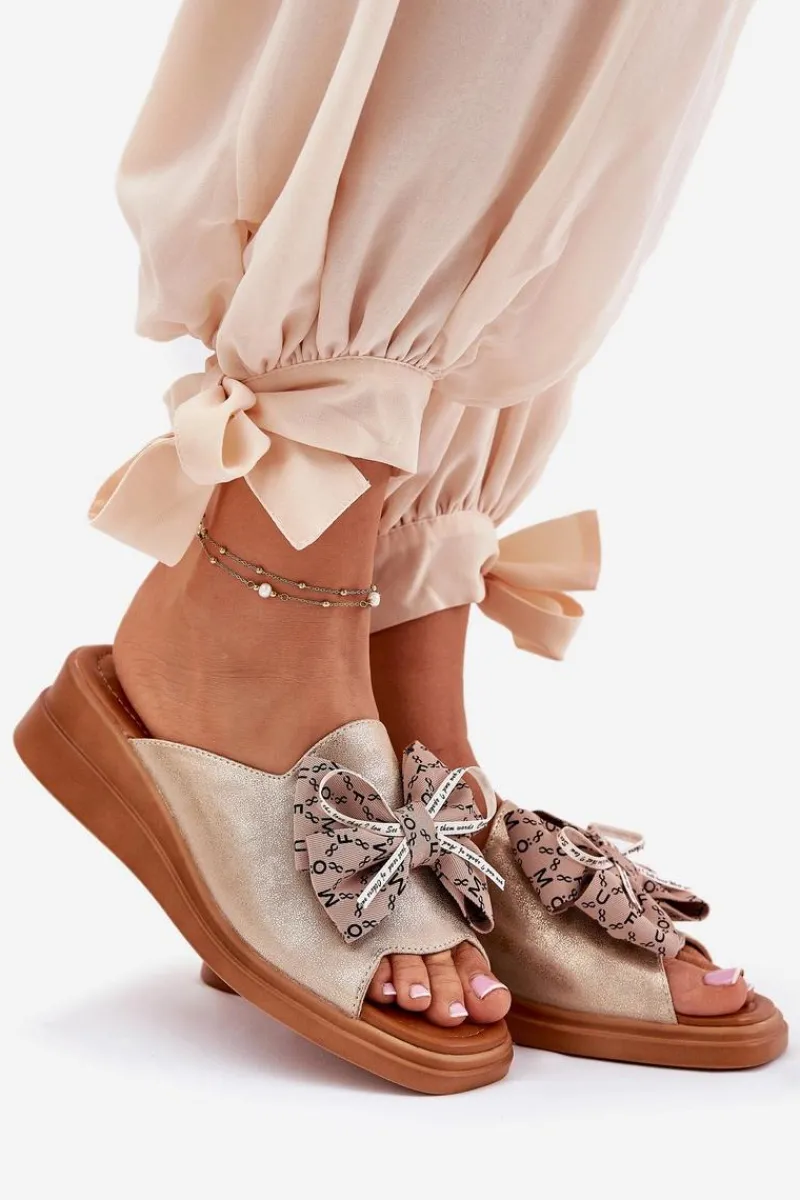 Outlet Klapki Damskie Na Koturnie Z Kokardą Złote Moonzella Damskie Klapki Na Koturnie|Klapki Na Platformie