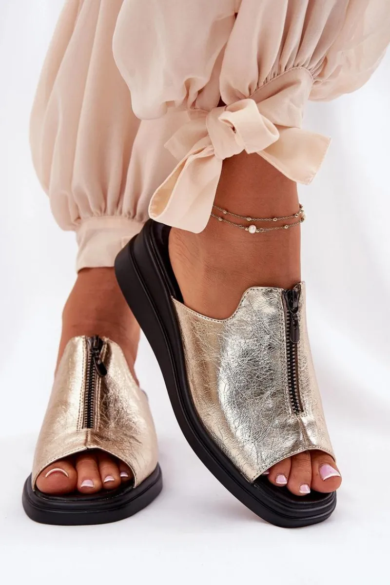 Discount Boto Klapki Damskie Na Koturnie Z Zamkiem Złote Irriva Złoty