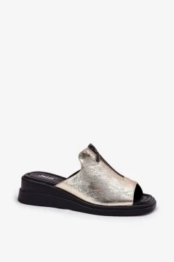 Discount Boto Klapki Damskie Na Koturnie Z Zamkiem Złote Irriva Złoty