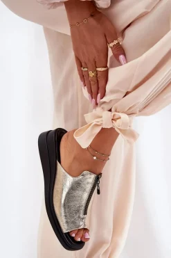 Discount Boto Klapki Damskie Na Koturnie Z Zamkiem Złote Irriva Złoty