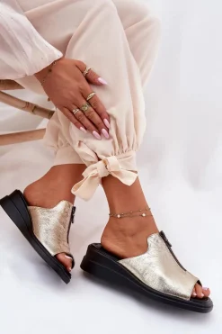 Discount Boto Klapki Damskie Na Koturnie Z Zamkiem Złote Irriva Złoty