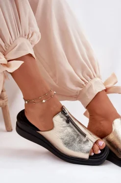 Discount Boto Klapki Damskie Na Koturnie Z Zamkiem Złote Irriva Złoty