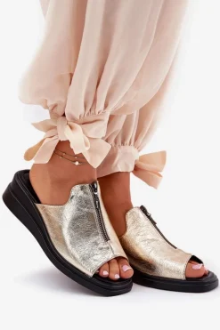 Discount Boto Klapki Damskie Na Koturnie Z Zamkiem Złote Irriva Złoty