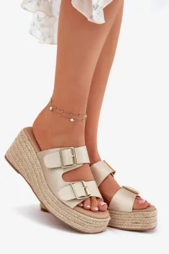 Clearance Klapki Damskie Na Koturnie Z Plecionką I Klamrami Złote Pasinea Damskie Klapki Na Koturnie|Klapki Na Platformie