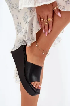 Discount Klapki Damskie Na Koturnie Eko Skórzane Czarne Obenae Damskie Klapki Na Koturnie|Klapki Na Platformie