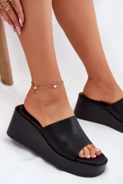 Discount Klapki Damskie Na Koturnie Eko Skórzane Czarne Obenae Damskie Klapki Na Koturnie|Klapki Na Platformie