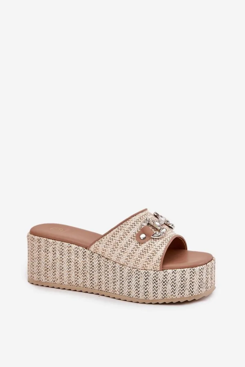Klapki Na Koturnie|Klapki Na Platformie>Boto Klapki Damskie Na Koturnie Z Plecionką I Ozdobą Beżowe Isolene Beżowy