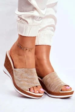 Klapki Damskie Klasyczne>Buty Sergio Leone Klapki Damskie Na Koturnie Sergio Leone Beżowe SK320