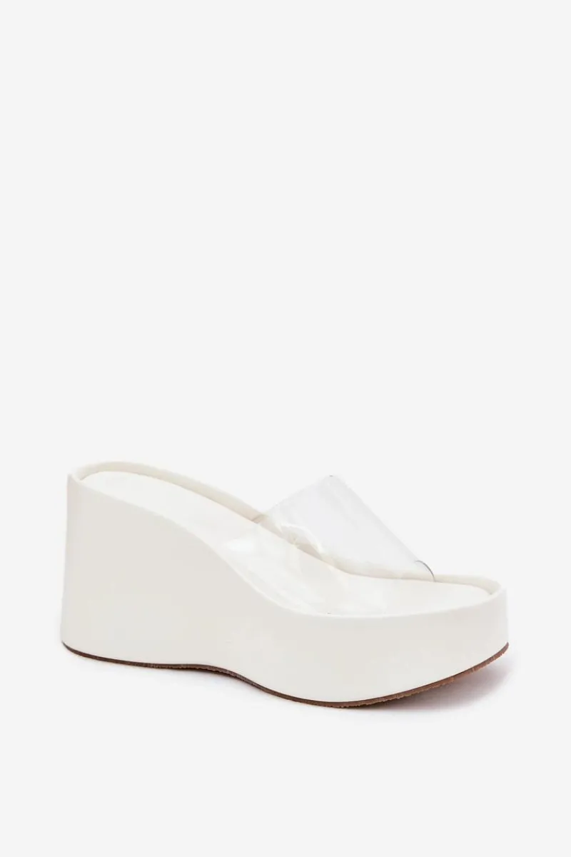 Discount Boto Klapki Damskie Na Koturnie Z Transparentnym Paskiem Białe Zolretia