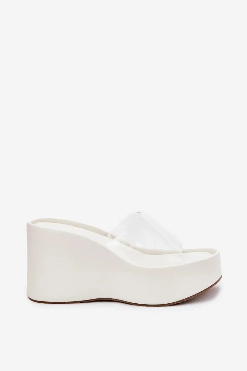 Discount Boto Klapki Damskie Na Koturnie Z Transparentnym Paskiem Białe Zolretia