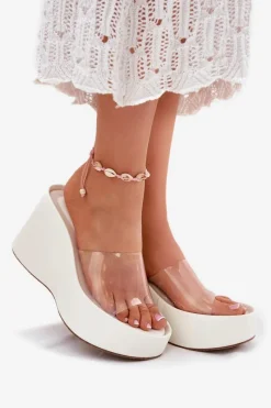 Discount Boto Klapki Damskie Na Koturnie Z Transparentnym Paskiem Białe Zolretia