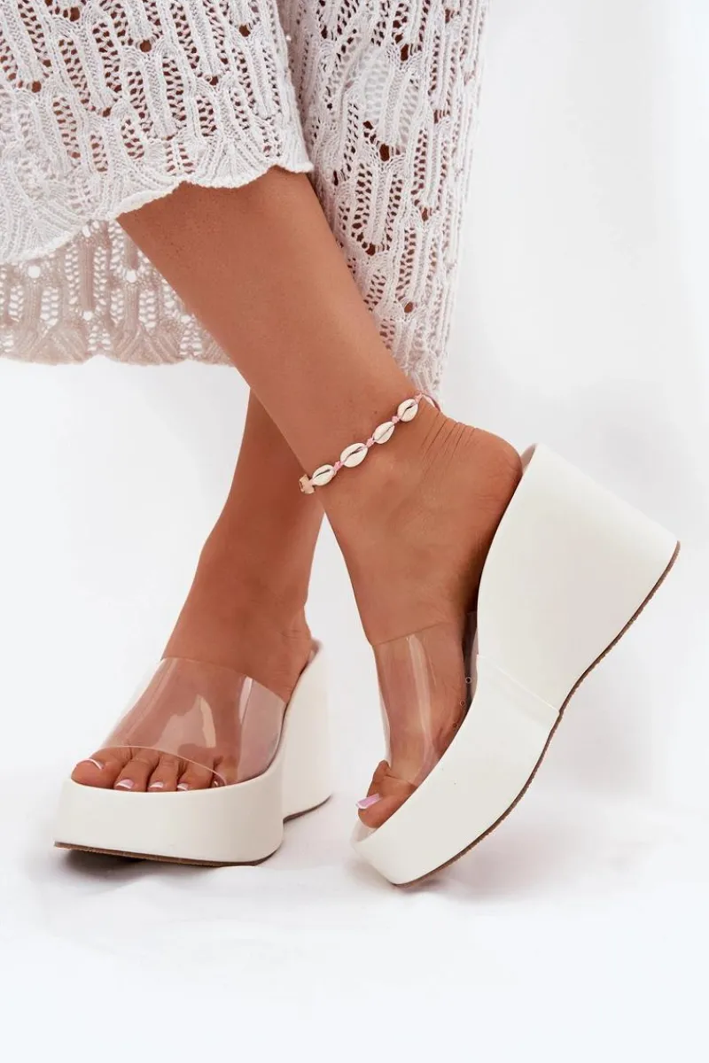 Discount Boto Klapki Damskie Na Koturnie Z Transparentnym Paskiem Białe Zolretia