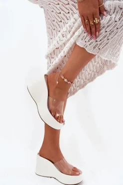 Discount Boto Klapki Damskie Na Koturnie Z Transparentnym Paskiem Białe Zolretia