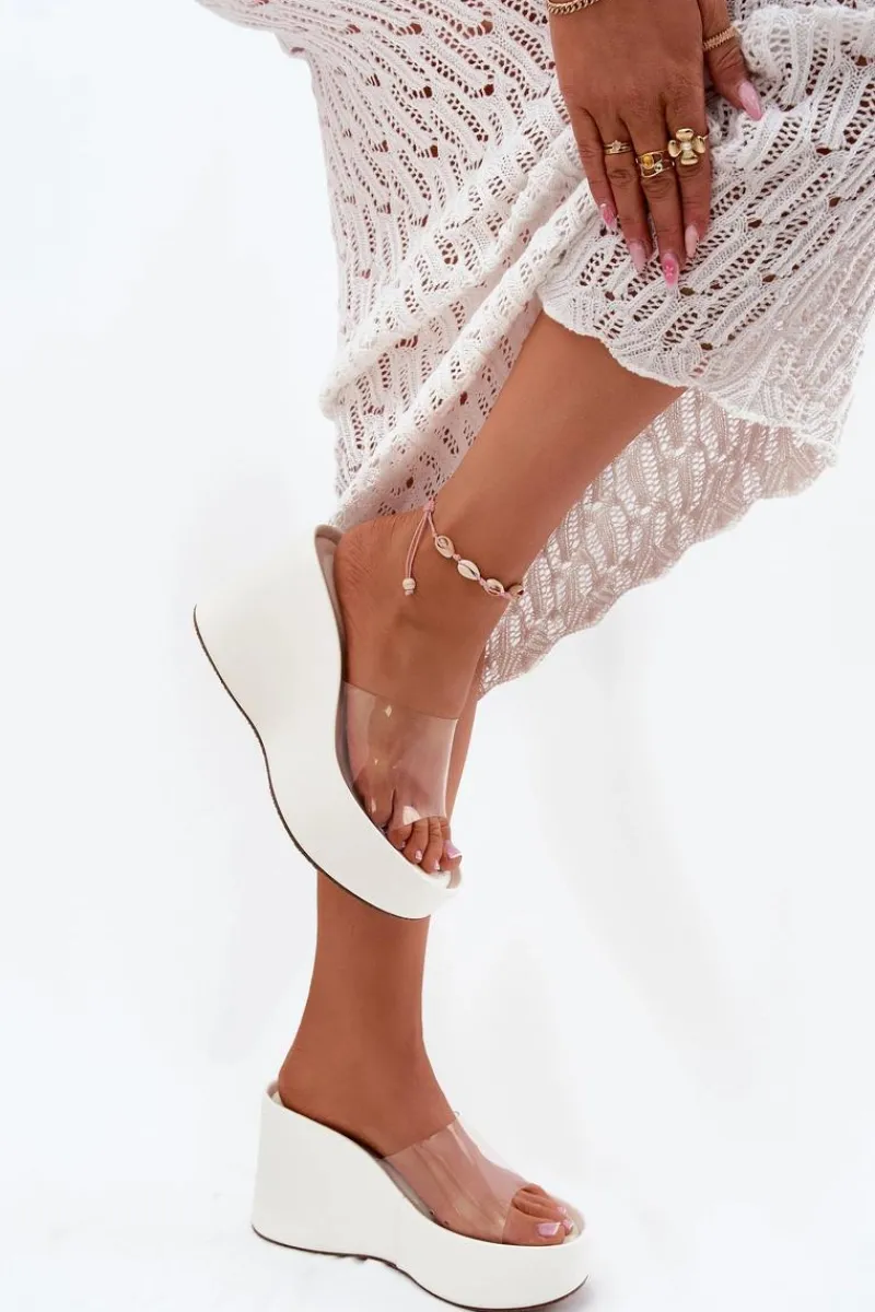 Discount Boto Klapki Damskie Na Koturnie Z Transparentnym Paskiem Białe Zolretia