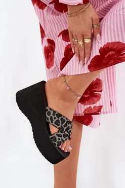 Klapki Na Koturnie|Klapki Na Platformie>Boto Klapki Damskie Na Koturnie I Platformie Panterka Czarne Sevolee