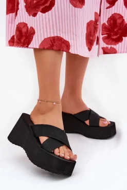 Hot Klapki Damskie Na Koturnie I Platformie Czarne Sevolee Damskie Klapki Na Koturnie|Klapki Na Platformie