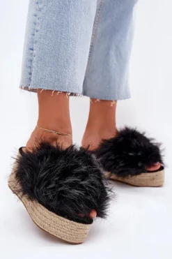 Klapki Na Koturnie|Klapki Z Futerkiem>Boto Klapki Damskie Na Koturnie Z Futerkiem I Plecionką Czarne Virela Czarny