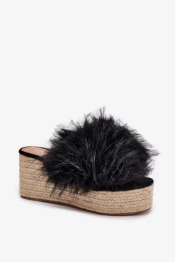 Klapki Na Koturnie|Klapki Z Futerkiem></noscript>Boto Klapki Damskie Na Koturnie Z Futerkiem I Plecionką Czarne Virela Czarny