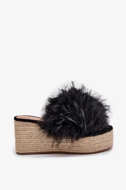 Klapki Na Koturnie|Klapki Z Futerkiem></noscript>Boto Klapki Damskie Na Koturnie Z Futerkiem I Plecionką Czarne Virela Czarny