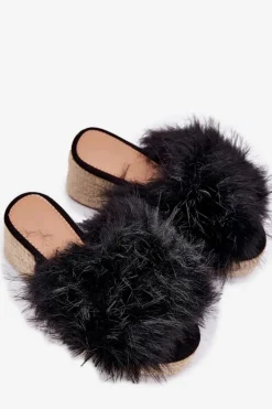 Klapki Na Koturnie|Klapki Z Futerkiem></noscript>Boto Klapki Damskie Na Koturnie Z Futerkiem I Plecionką Czarne Virela Czarny