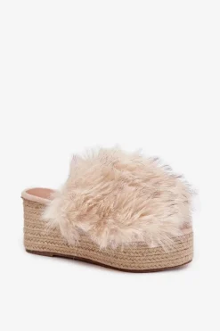 Klapki Z Futerkiem|Klapki Na Koturnie></noscript>Boto Klapki Damskie Na Koturnie Z Futerkiem I Plecionką Beżowe Virela Beżowy