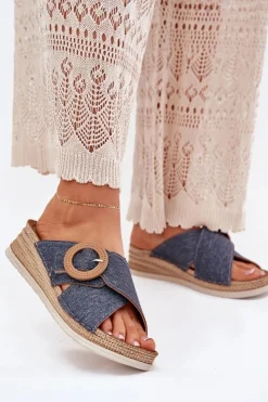 Klapki Na Koturnie|Klapki Na Obcasie>INBLU Klapki Damskie Na Koturnie Z Ozdobną Klamrą RV000012 e Niebieski