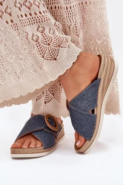 Klapki Na Koturnie|Klapki Na Obcasie></noscript>INBLU Klapki Damskie Na Koturnie Z Ozdobną Klamrą RV000012 e Niebieski