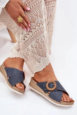 Klapki Na Koturnie|Klapki Na Obcasie></noscript>INBLU Klapki Damskie Na Koturnie Z Ozdobną Klamrą RV000012 e Niebieski