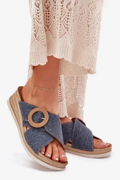 Klapki Na Koturnie|Klapki Na Obcasie></noscript>INBLU Klapki Damskie Na Koturnie Z Ozdobną Klamrą RV000012 e Niebieski